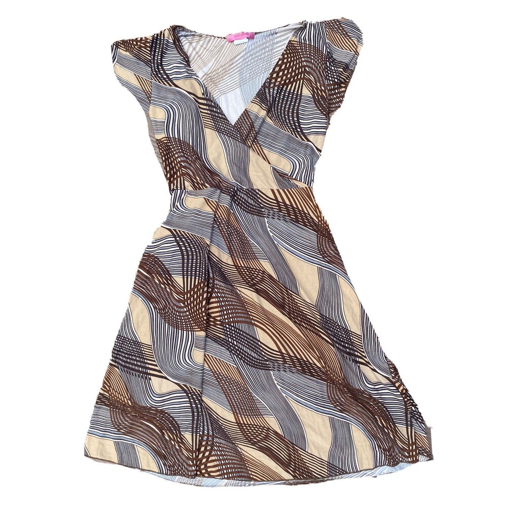 Julies Closet V-Neck Dress Short Sleeve Stretch  Size Medium Brown print Tie